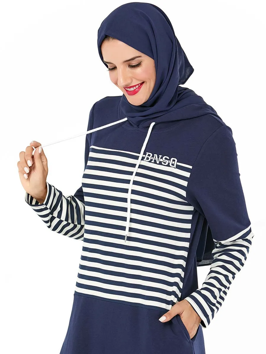 Muslim Fashion Hooded Tracksuit Long Dress Women Navy Stripe Sleeve Pocket Arab Maxi Turkey Sports Islamic Clothing | Женская одежда