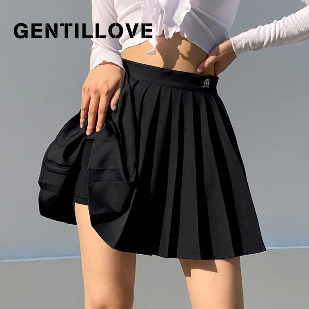 

Gentillove Casual White Mini Pleated Skirts Shorts Letter Print High Waisted Short Skirt Korean Preppy Style Summer Dance 2021