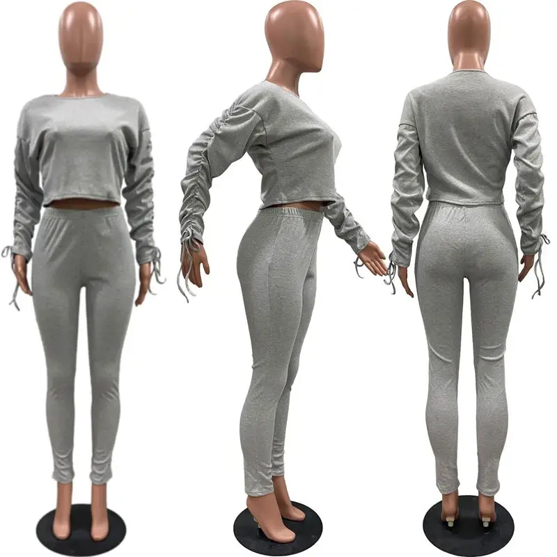 

TNNAOFF Solid Two Piece Tracksuits Women Set Stacked Drawstring Long Sleeve Tops Fashion Pencil Pants Lounge Wear Matching Sets