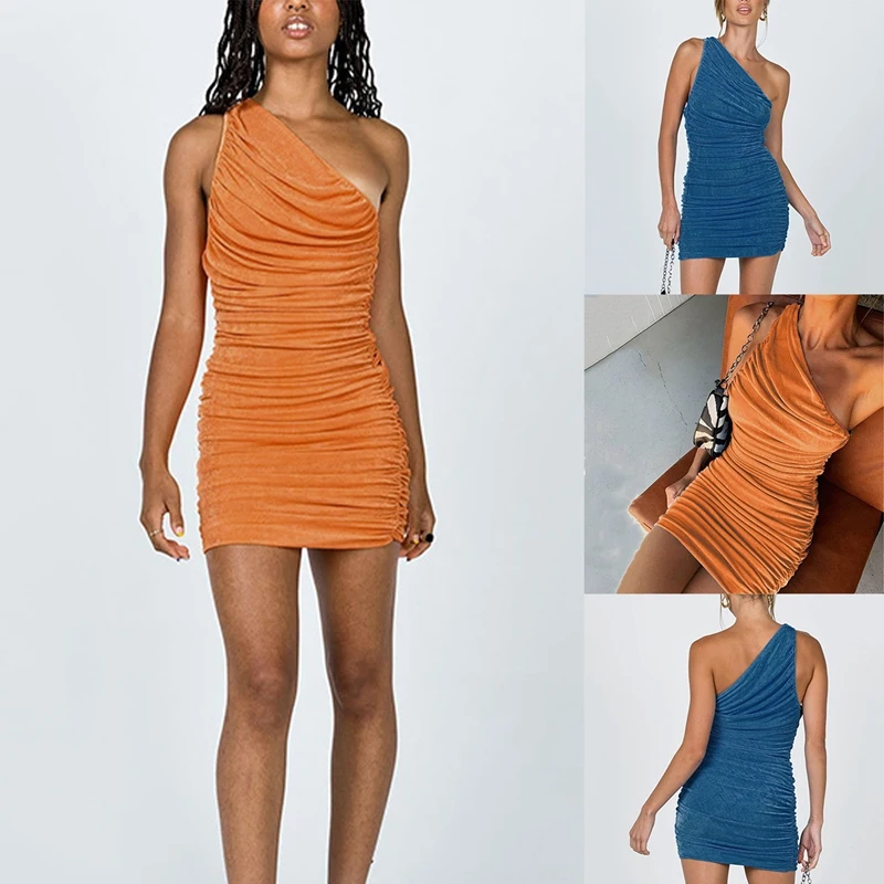 

Sexy One Shoulder Mini Dress Summer Short Party Dress Women Sleeveless Ruched Bodycon Dress