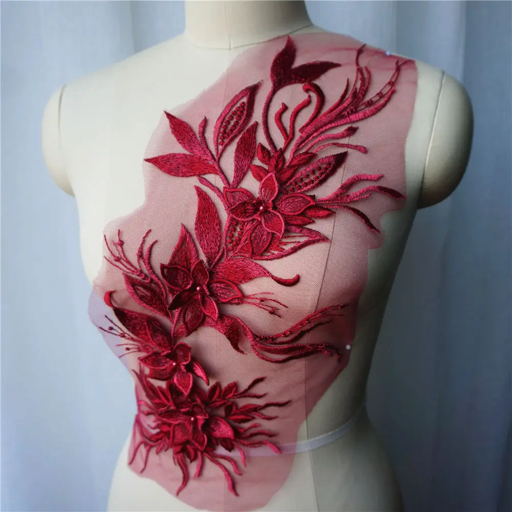 Винно красная 3D Цветочная кружевная ткань для платьев оторочка с аппликацией