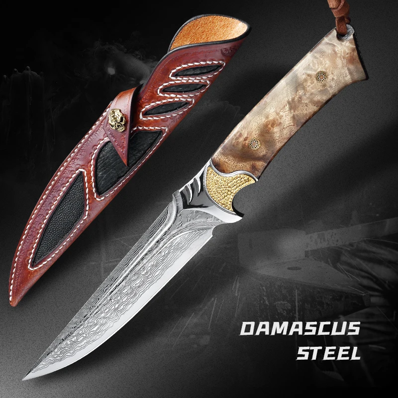 

Охотничий нож из дамасской стали VG10 с деревянной ручкой