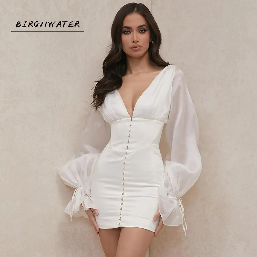 

Chiffon Lantern Sleeve Deep V Neck Corset Bodycon Mini Dress White Elegant Women Sexy Outfits Club Party Dresses