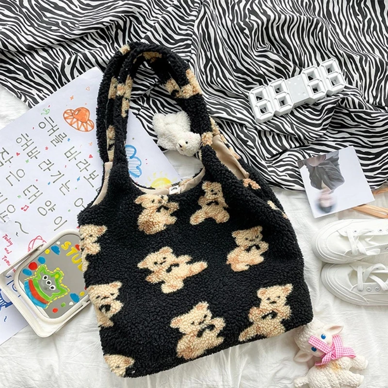 

Cute Plush Bear Pattern Women Tote Bag Messenger Casual Daily Wear Hand Bag Purse Large Capacity Money Clutch Fashion
