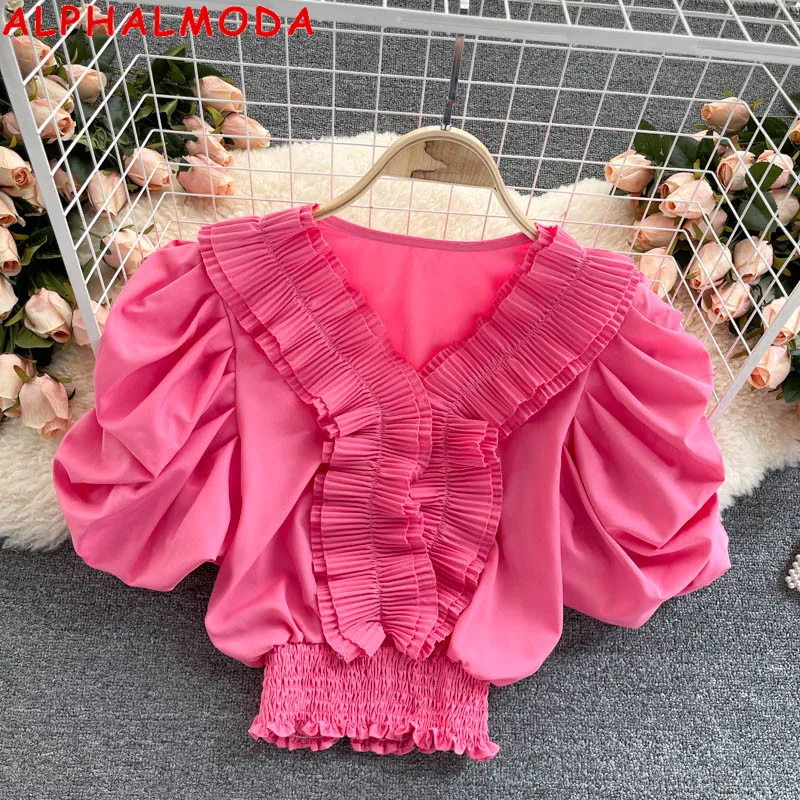 

ALPHALMODA 2021 Summer Women Candy Color Pleated Lantern Sleeve Cute Shirt V-neck Short-sleeved Fashion Blouse Top
