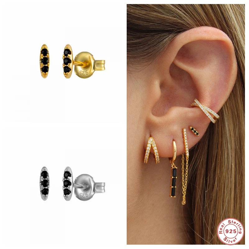 

GS 925 Sterling Silver Three Black Zircons Mini Bar Stud Earrings For Women Cartilage Piercing Ear Studs Pendientes Jewelry