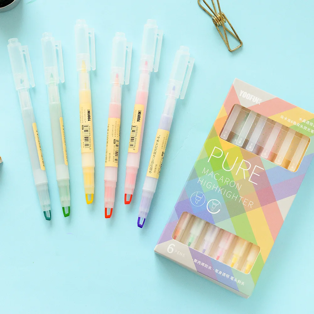 

6PCS/SET Double Head Highlighter Kit Cute Colored Inclined Head Fluorescent Macaroon Pen Marker School Supplies for school