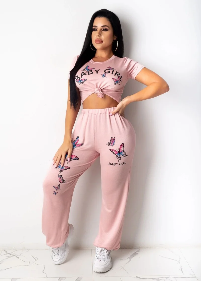 

WEPBEL Women Fashion Tracksuit Butterfly Print Suit Short Sleeve Tops and Long Pants Two Piece Set Sportswear Outfits