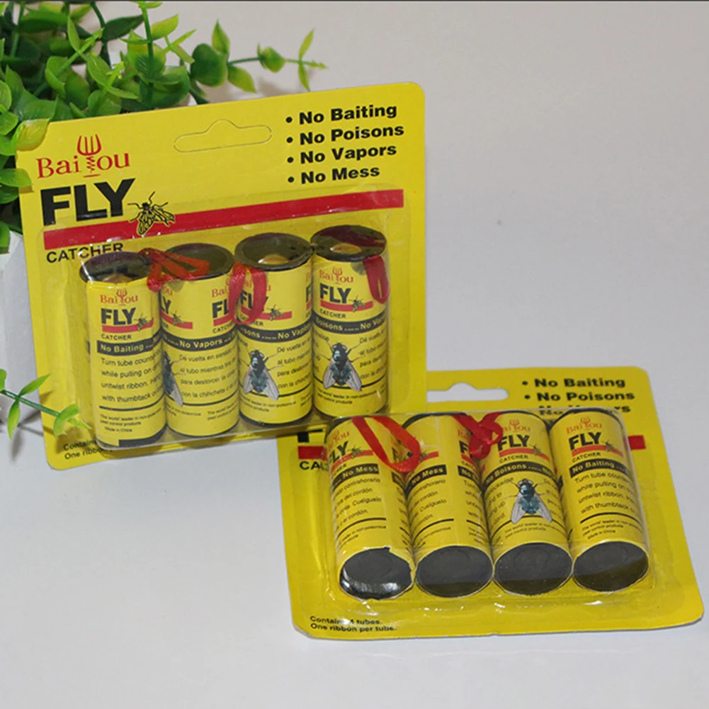 

4 Pcs / pack Sticky Fly Ribbons Roll Dual Sided flies Paper Strips Insect Bug Home Glue Flytrap Catcher Bug Mosquito Killer