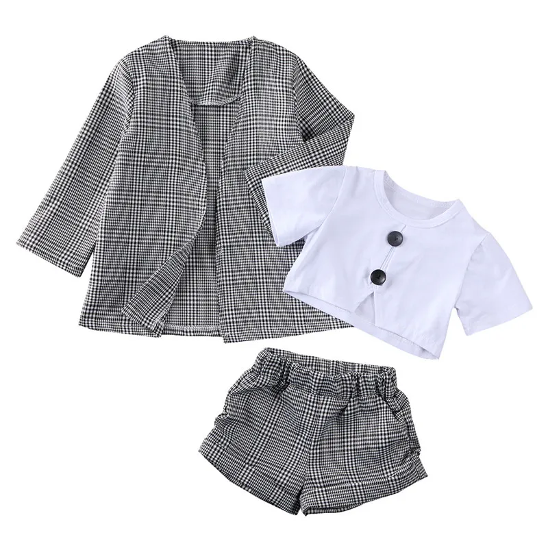 pudcoco Cute Newborn Baby Girl Plaid Coat+Crop tops+Shorts Formal Casual Clothes Outerwear Autumn Winter 3pcs Girls Kids 1-6Y