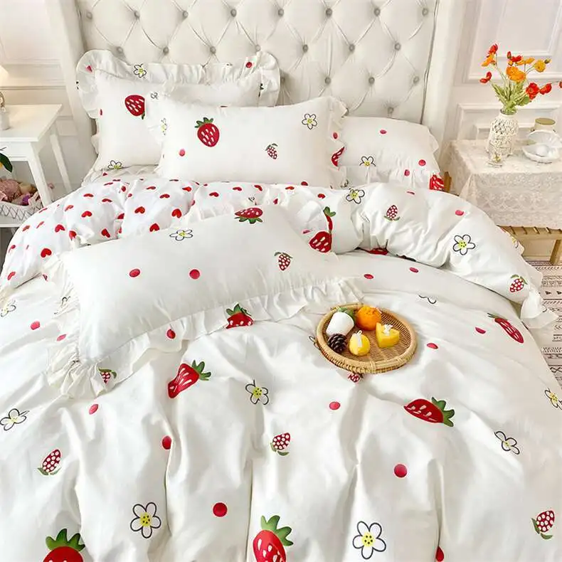 Комплект постельного белья из хлопка с изображением клубники в стиле принцессы