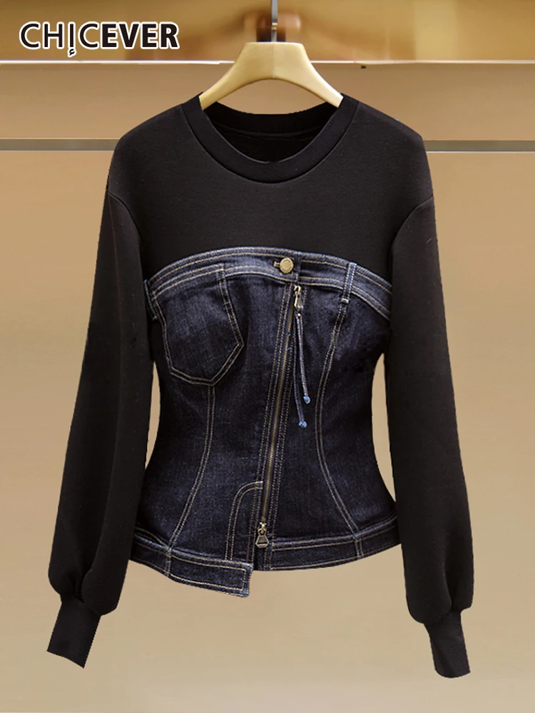 

CHICEVER Streetwear Patchwork Denim Sweatshirt For Women Round Collar Long Sleeve Straight Sweatshirts Female Korean Fashion New