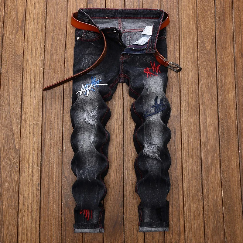 

NEW 2020 Autumn Winter Casual Denim Ripped Hole 3D Embroidery hole Hip hop washing jeans men's straight men's Cargo pants black