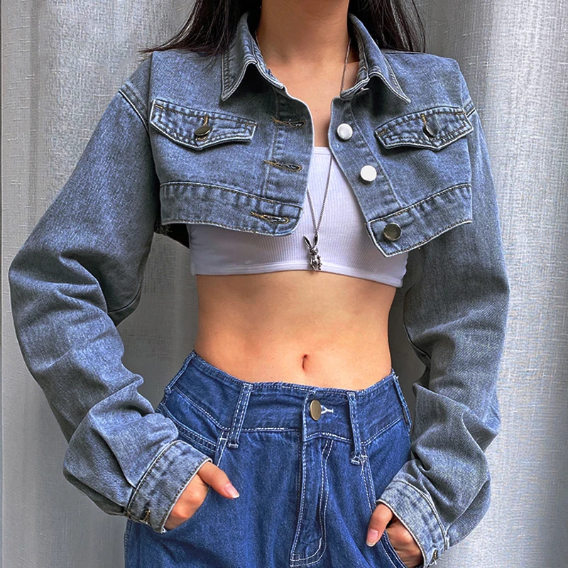 

Artsu 2020 уличная мода панк джинсовая куртка для женщин осень длинный рукав пуговицы супер короткая верхняя одежда винтажное пальто 41734