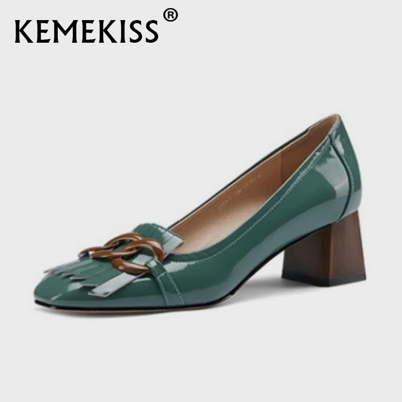 

KemeKiss Size 33-40 New Arrived Women Real Leather High Heel Shoes For Women Fashion Square Toe Patent Leather Pumps Footwear