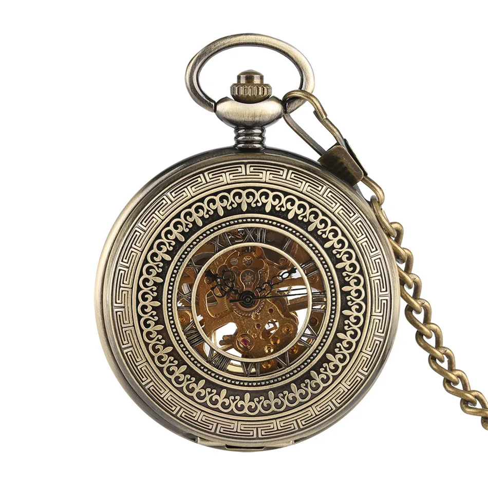 

Exquisite Hollow Half Hunter Bronze Mechanical Hand Winding Pocket Watch Roman Numerals Display Pendant Pocket Clock Gifts Male
