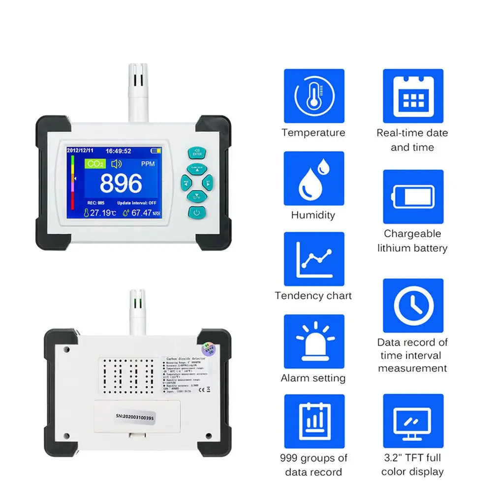 

WIFI CO2 Meter Detector Multi-Function Carbon Dioxide Rechargeable Air Quality Detector Analyzer CO2 Monitor Display Precise