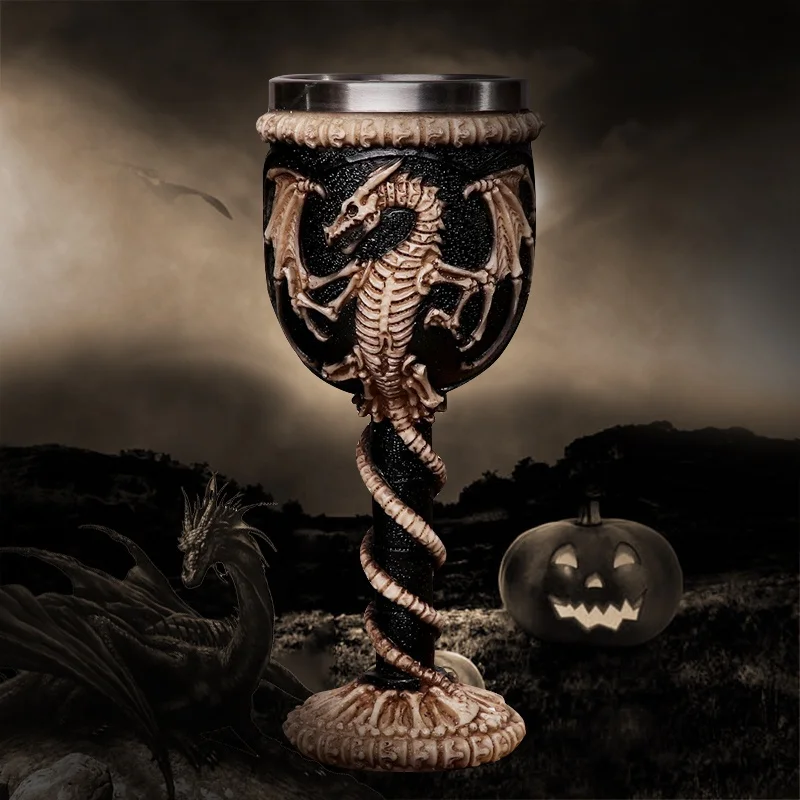 

3D Gothic Skull Cup Stainless Steel Resin Fly Dragon Skeleton Design For Bar Party Home Halloween Wine Cups Gifts Goblet