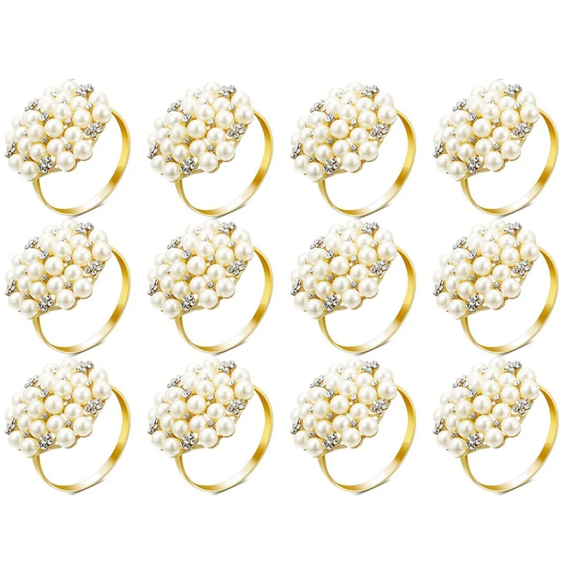 

12 Pcs Set Pearl Round Flower Napkin Buckle Rhinestone Napkin Holder Suitable For Wedding Banquet Family Party Kitchen