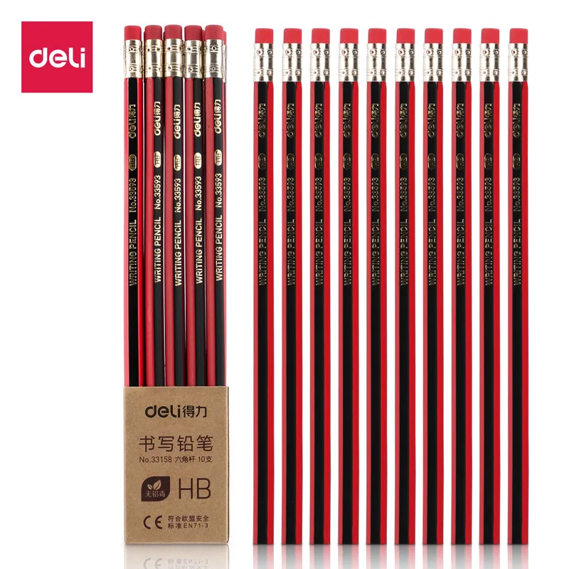 

10 pcs / box Deli 33158, advanced hexagonal log graphite HB rubber pencil, writing pen, non-toxic student office stationery