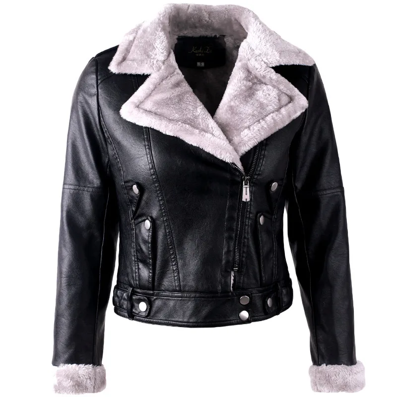 

Pu leather women winter handsome locomotive jacket Korean version thick turntable long sleeves plus suede fur one-in-one jacket