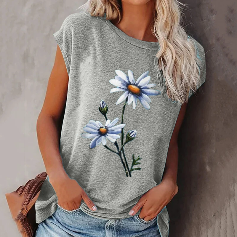 

2021 Summer Tee Shirt Women Round Neck Short Sleeve Casual Flower Print Vintage Tops Pullover Female Elegant Streetwear T-shirts