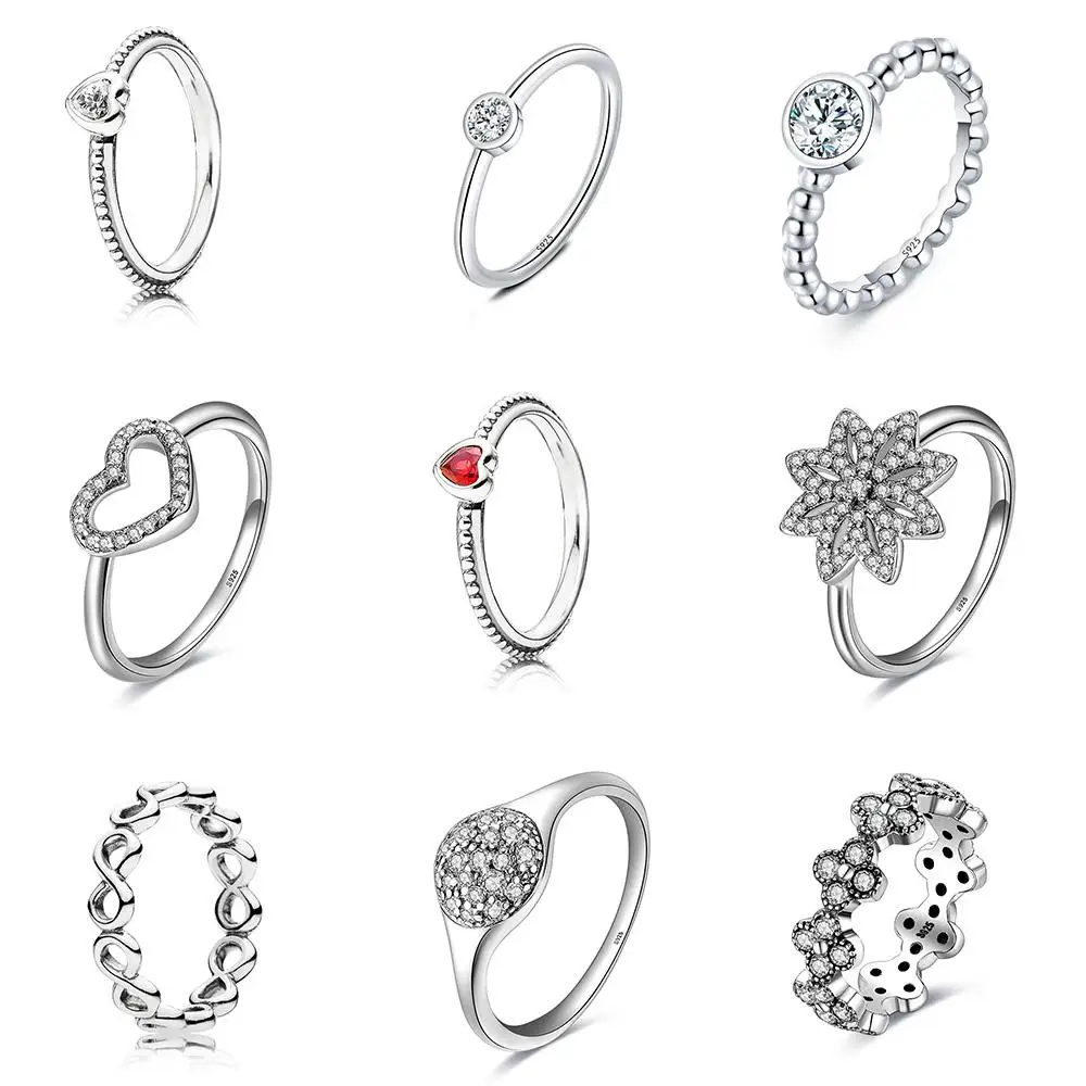 

925 Sterling Silver Ring Charms Clear Cz Crystal Heart Round Shape Diy Red Finger Ring For Women Wedding Party Jewelry