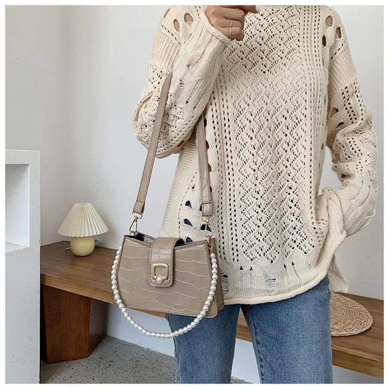 

2021 Fashion Trend Women Small Shoulder Bag Classic Crocodile Pattern Handbag PU Leather Clutch Zipper Closure Pearl Decor Purse