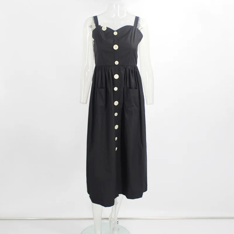

Women Black Single-breasted Dress Summer 2021 Sundress Female Robe Square Collar Pocket Sleeveless Casual Loose Midi Strap dress
