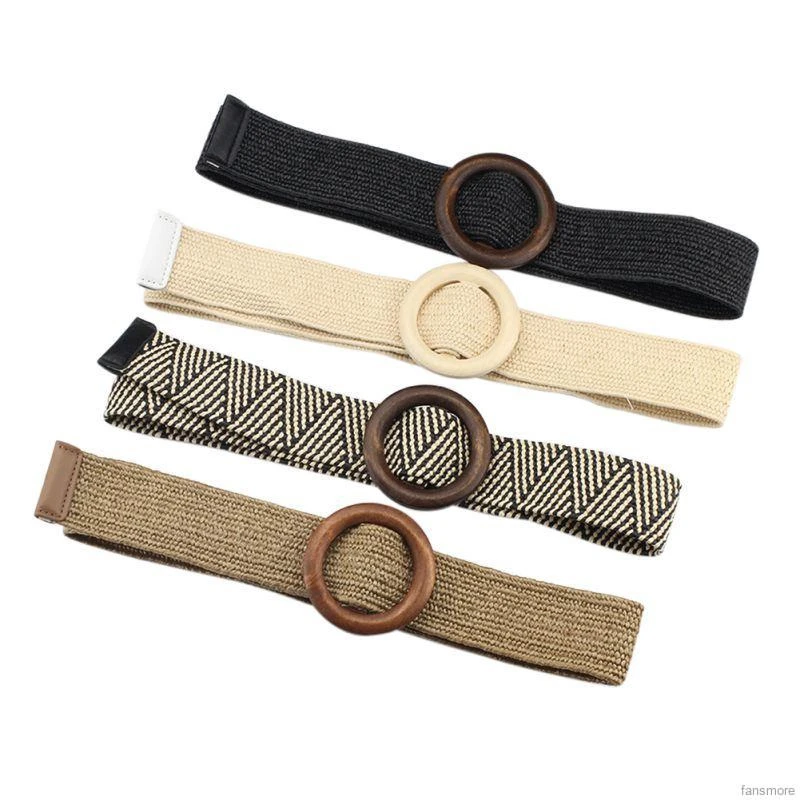 

1pc Women Wood Braided Belt Round Buckle Belt Fashion Woman Dress Windbreaker Skirt Waist Elastic Thin Belts Ladies Waistband