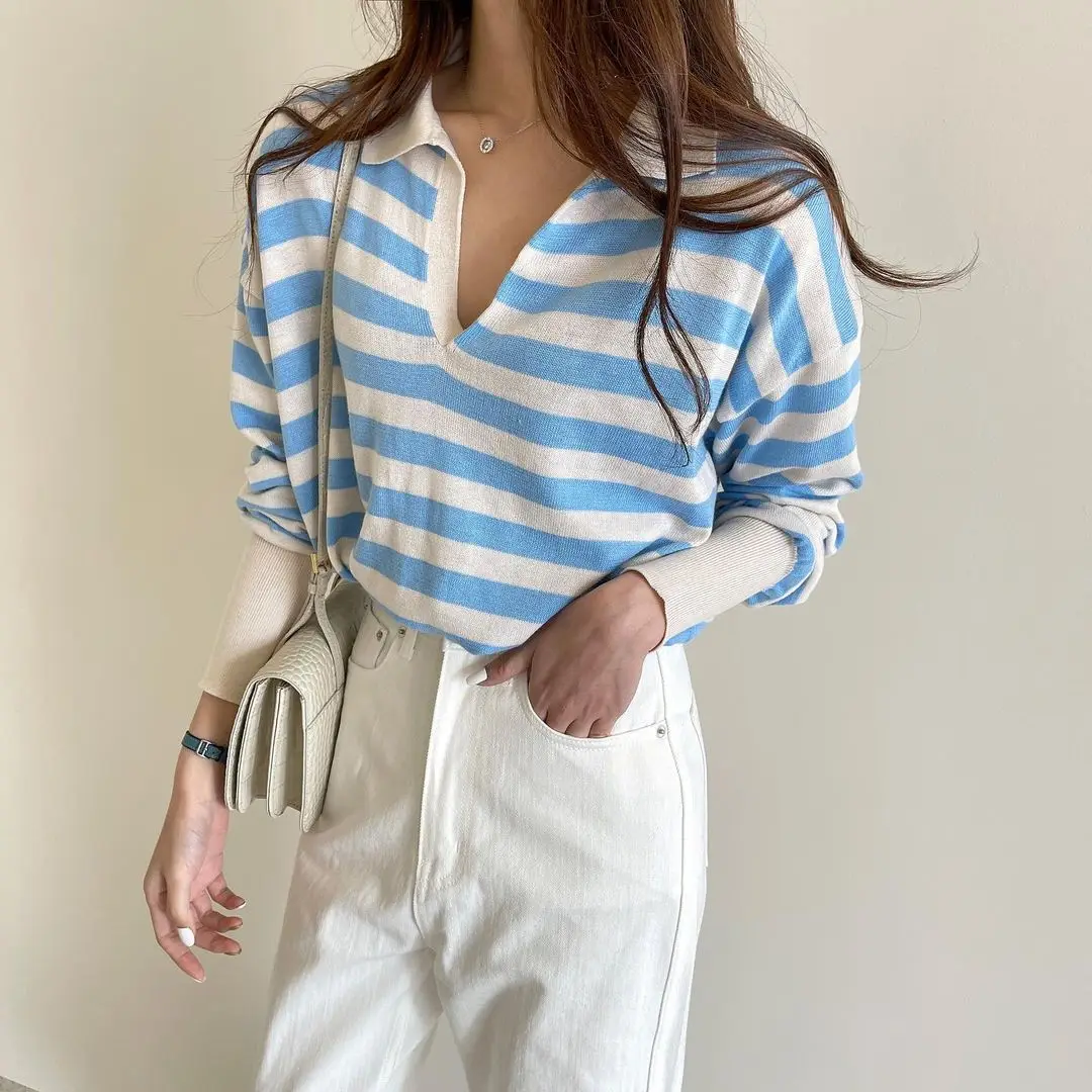 

KUSAHIKI Spring Thin Pullover Knitwear Korean Causal Turn-down Collar Knitted Tops Women Batwing Sleeve Loose Pull Jumper 6G394