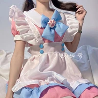 qweek kawaii maid lolita dress cosplay custume uniform outfit pink party dresses puff sleeve ruffle cute clothes 2021