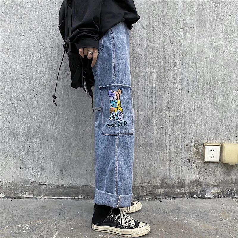 

Harajuku Korean Four Seasons Street Loose Wild Casual Retro Big Pocket Jeans Overalls Trousers Men and Women Wide Leg Pants