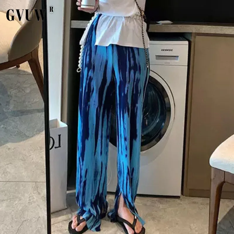 

GVUW 2021 New Spring Summer Fashion Casual High Waist Loose Print Tie Dyed Pleated Open Leg Pants Women SL171