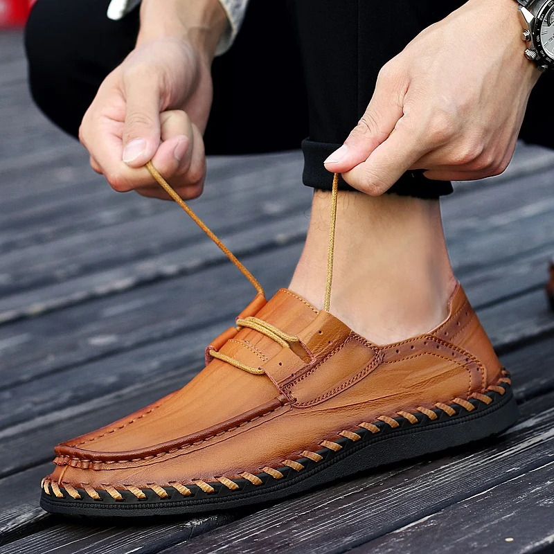 

Mens Leather Loafers Fashion Lace-Up Men Casual Loafers Men's Flats Driving Shoes Zapatillas Hombre Plus Size 38-47