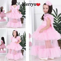 pink flower girl dresses princess fancy tiered tulle birthday party gown for girls communion dresses