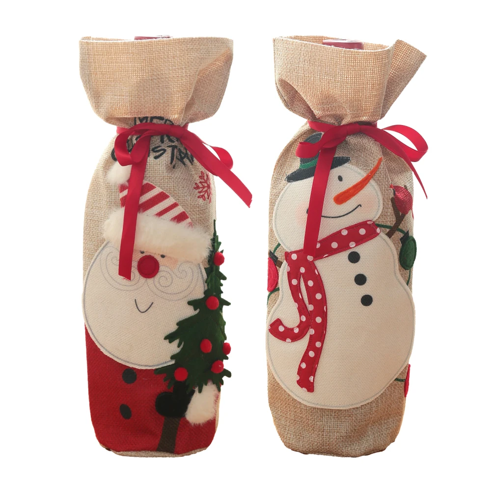 

Wine Bottle Cover Christmas Linen Xmas Ornament 14x31cm Decoration Decorate Gift Kitchen Party Supply Home Embroidery 1pc