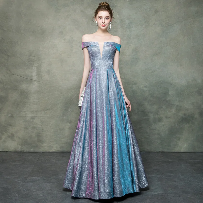 Модное шикарное блестящее вечернее платье Элегантное с открытыми плечами длина