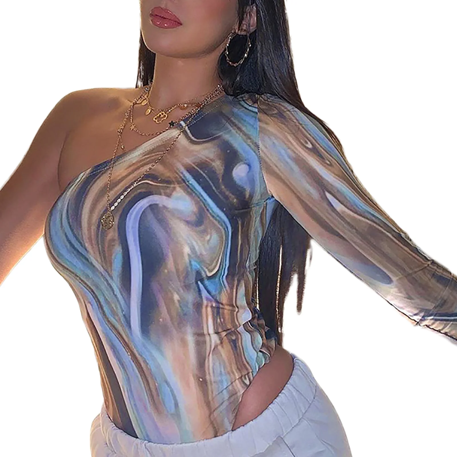 

Women\u2019s Casual Long-sleeved Bodysuit Fashion Irregular Printing One-shoulder Diagonal Collar Jumpsuit