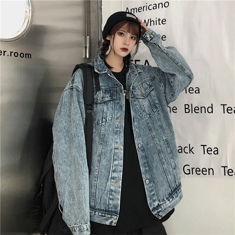 

Hip Hop Streetwear Denim Jacket Women Harajuku Oversize Loose Single Breasted Jeans Coat Ladies Autumn Long Sleeve Outwear
