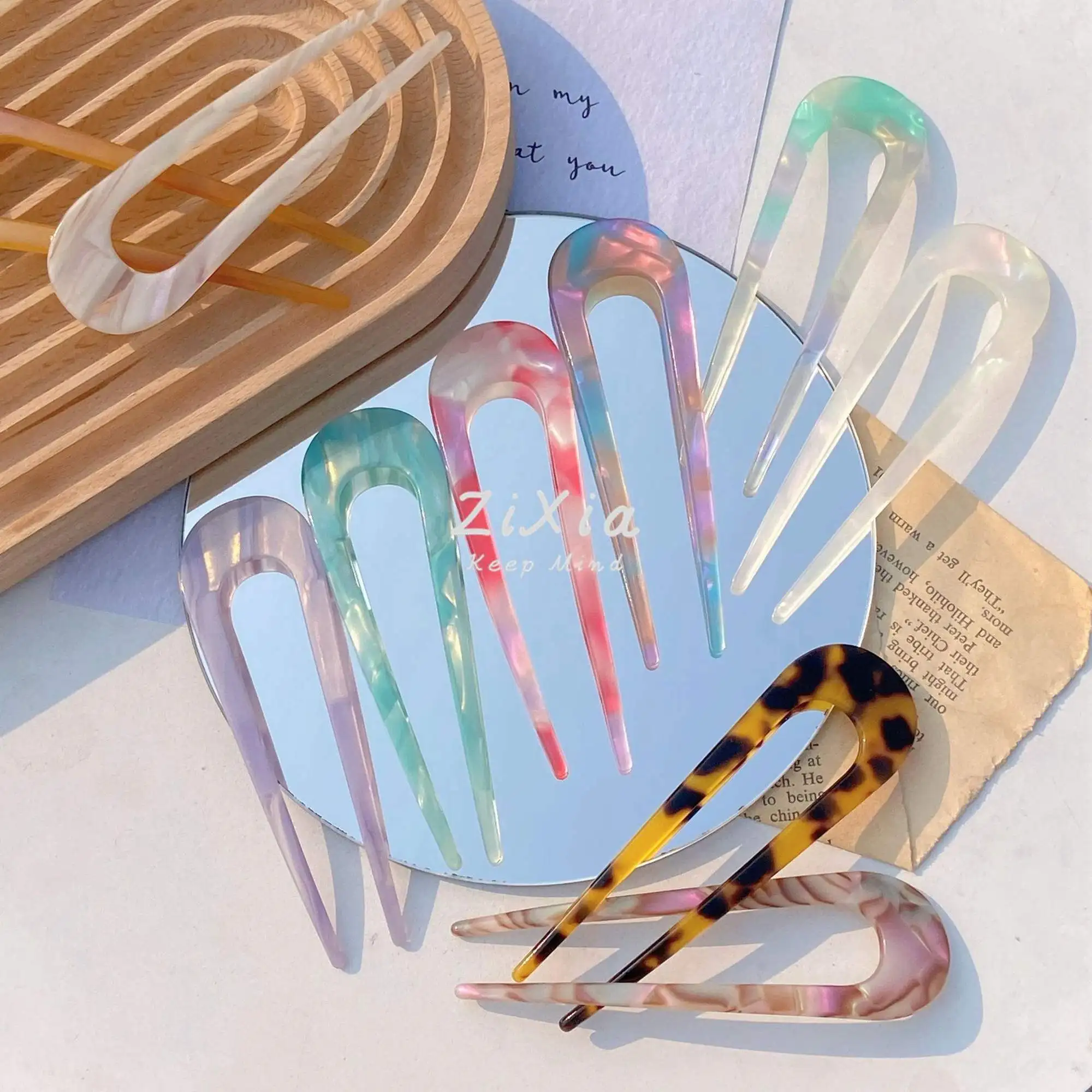 

U-образная шпилька для волос в стиле ретро, 2 шт./лот, пластина из уксусной кислоты, заколка-шарик, украшение для волос, Сказочная темпераментн...