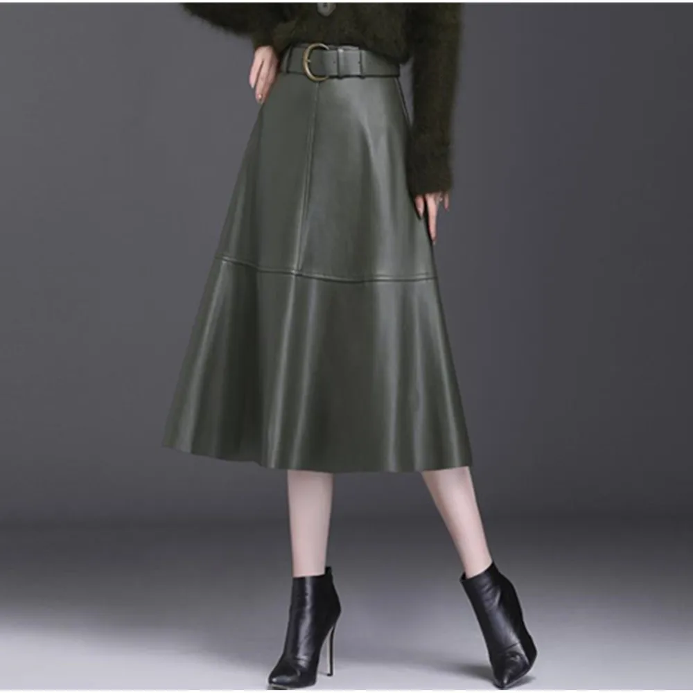 Коричневая Юбка-миди из искусственной кожи трапециевидная однотонная женская