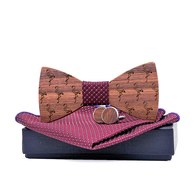 

Adult Wooden Bow Tie Hanky Cufflinks Set for Men's Suit Handkerchief Wood Bowtie Set Gravata Cravat Ties with Box