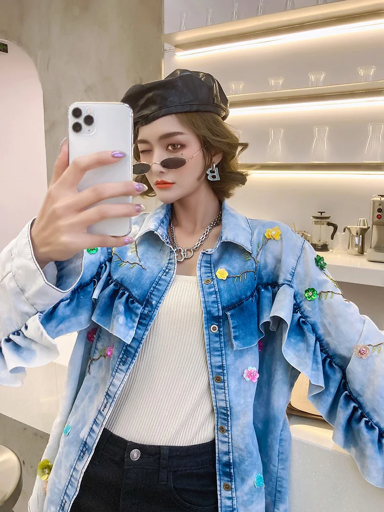 

2021 Spring Women Flower Sequins Ruffle Denim Jacket