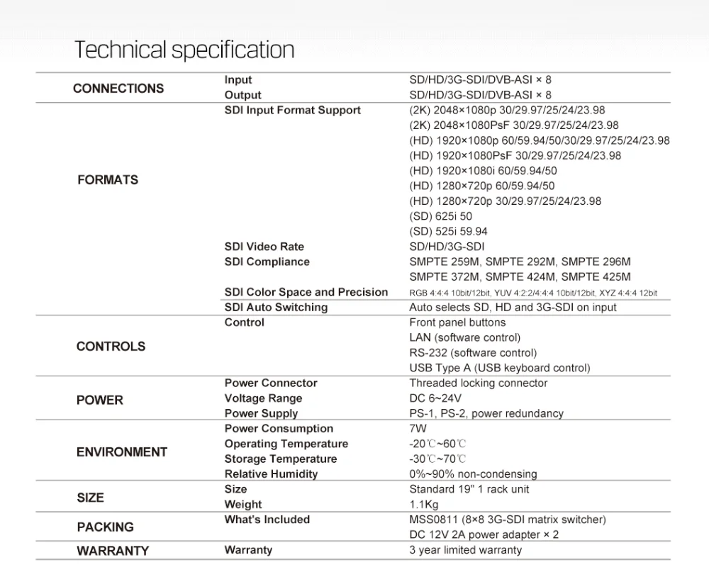 Avmatrix MSS0811 1RU 8 × 8 3G-SDI Rackmount Matrix Switcher для ТВ производства, трансляции