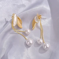 14k gold pearl dangle earrings long chain simulated shell pearl drop earrings hypoallergenic ear stud luxury wedding jewelry %e2%80%8b