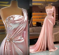 elegant pink satin mermaid evening dress 2022 one shoulder rhine beads split women prom party gowns vestidos robe de soiree