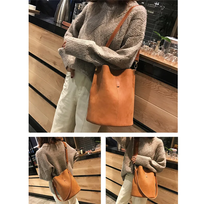 

Messenger Bag Women Bucket Shoulder Bag Large Capacity Vintage Matte PU Leather Lady Handbag Designer
