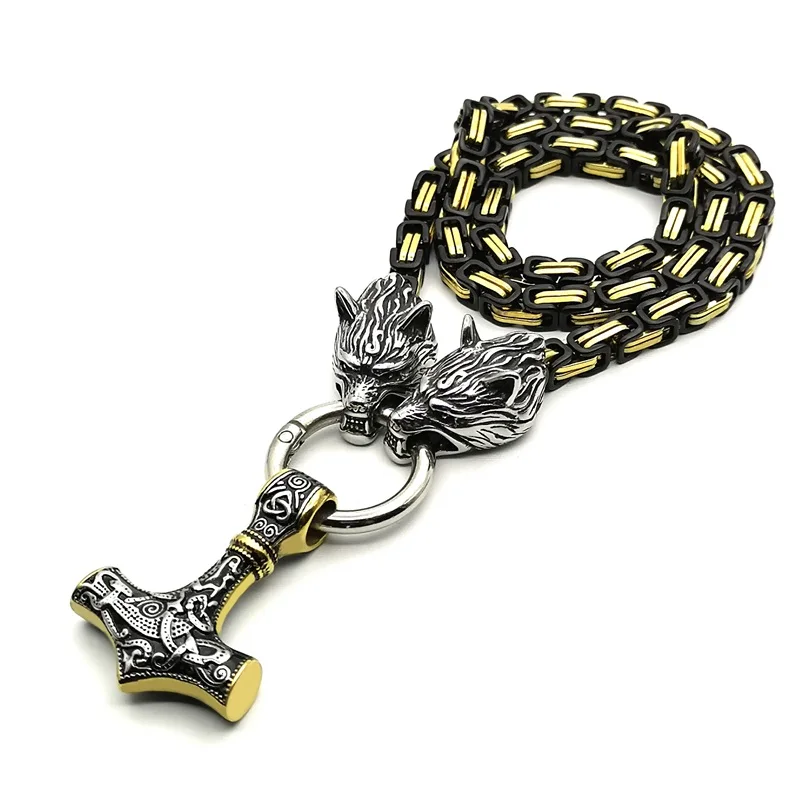 

Men stainless steel Wolf head norse viking amulet thor hammer pendant necklace viking king chain fashion viking accessories