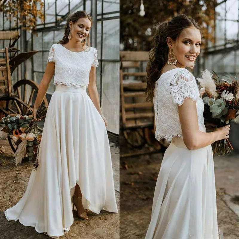 

Scoop Short Sleeves Lace Top A-Line Wedding Dress Two Pieces High Low Beach Boho Bridal Gowns Hi-Lo Robe De Mariage 2020
